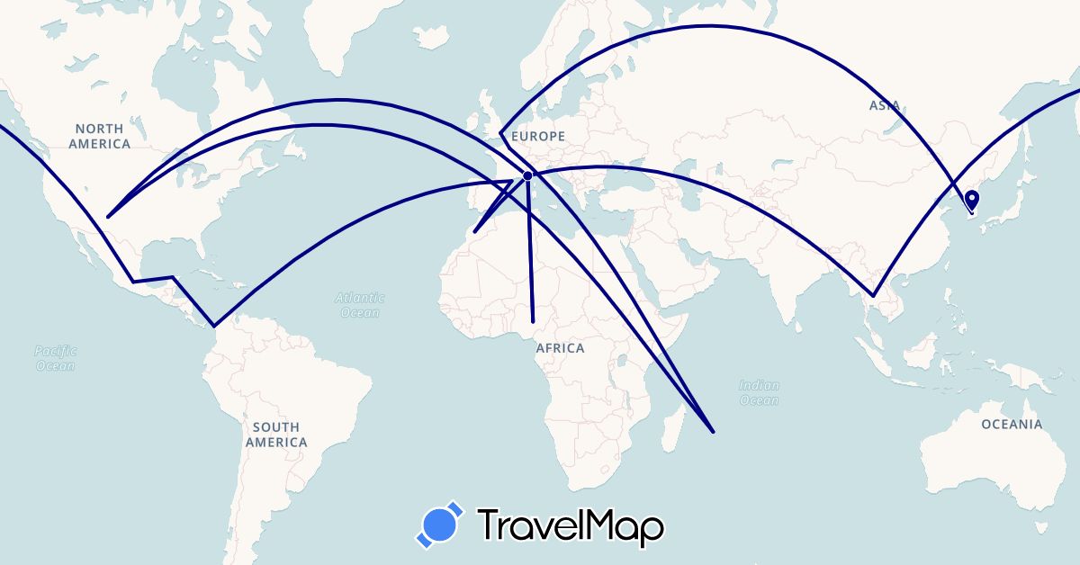 TravelMap itinerary: driving in France, United Kingdom, South Korea, Morocco, Mauritius, Mexico, Panama, Thailand, United States (Africa, Asia, Europe, North America)